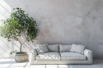 Comfortable modern sofa, soft luxury couch in cozy living room minimal elegant aesthetic home interior design contemporary style background space. House furniture store shopping advertising promo .