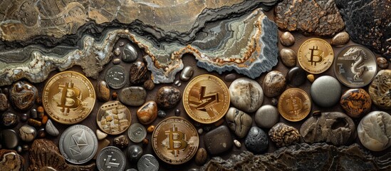 Bitcoin cryptocurrency mining in stone. generative AI image - obrazy, fototapety, plakaty