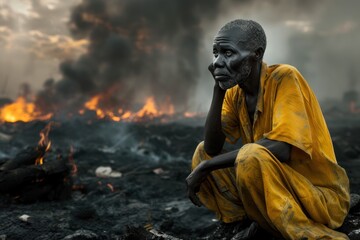 Fototapeta premium A poignant image of an elderly man in deep contemplation, sitting against a backdrop of devastating fire and destruction.