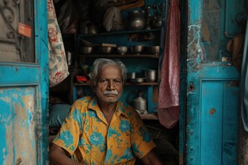 An elderly man sits contemplatively in his modest home, surrounded by personal belongings and the vibrant colors of daily life.