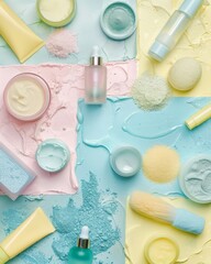Fototapeta na wymiar Pastel Skincare Paradise, Artistic pastel-toned skincare assortment with creamy textures.
