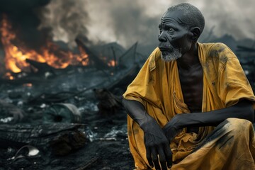 Obraz premium A poignant image of an elderly man in deep contemplation, sitting against a backdrop of devastating fire and destruction.