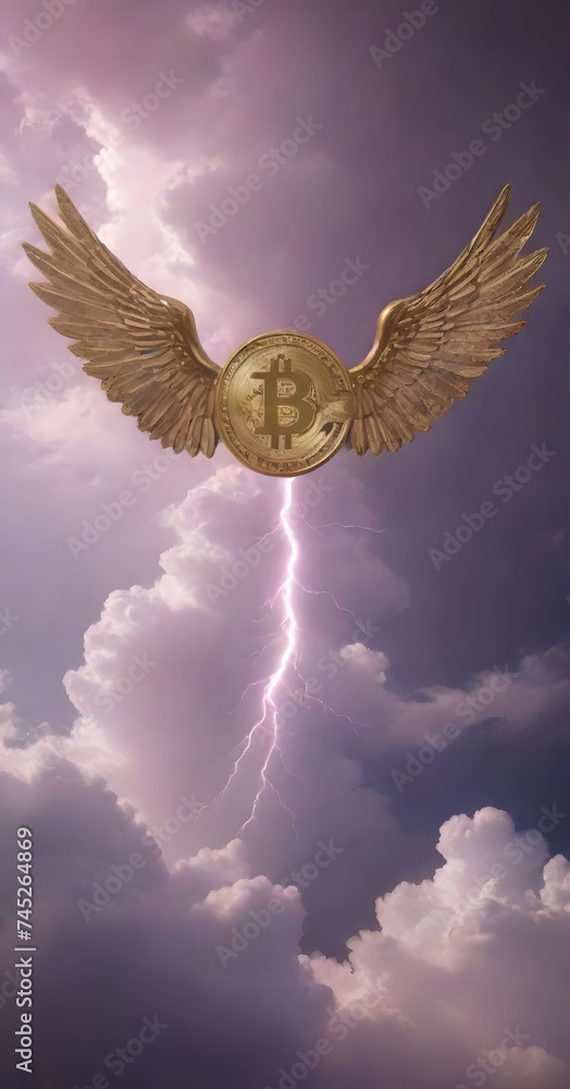 Poster a winged bitcoin soars through a dramatic celestial storm, with rays of light and electricity adding