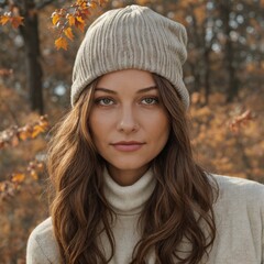 Female in knit hat and sweater captures essence of fall coziness 