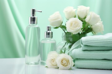 Fototapeta na wymiar Toiletries - towels, soap dispenser in pastel green color, flowers in a vase
