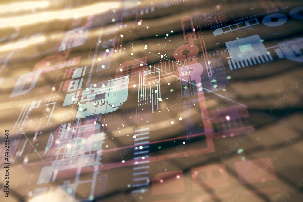 Aufkleber multi exposure of abstract software development hologram on blurry metal background, research and an
