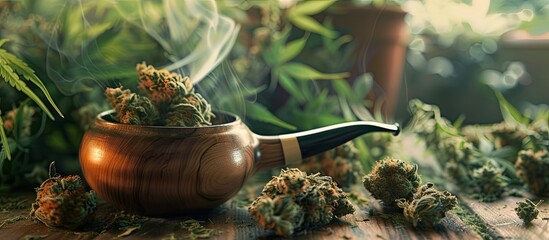 A pot filled with marijuana buds sits on top of a wooden table, surrounded by a pipe. The green leaves and earthy aroma fill the room, creating a distinct atmosphere. - Powered by Adobe