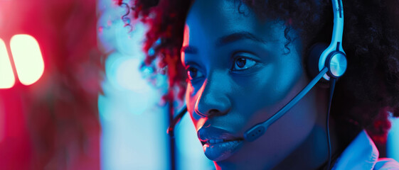 Young operator in neon light, providing support in a call center.