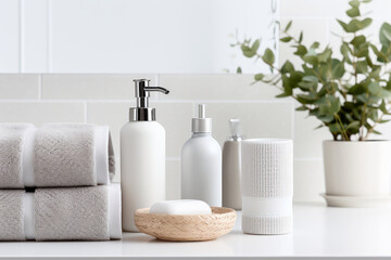 Fototapeta na wymiar Toiletries - towels, soap dispenser in grey color, flowers in a vase
