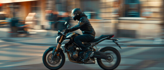 Biker in motion on a city street, the essence of urban freedom and speed.