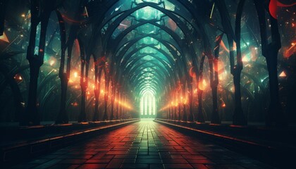 A dark and mysterious gothic corridor with glowing lights and ornate arches leads to a distant light source. Perfect for fantasy or mystery book covers, album covers, or game backgrounds.