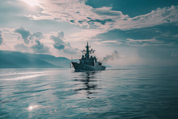 Military ship in the sea. Warship patrols the sea waters