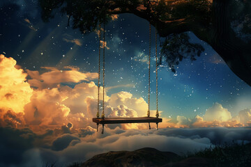 Solitary swing hangs from a tree branch, suspended above clouds in twilight with starry sky. Surreal concept of serenity