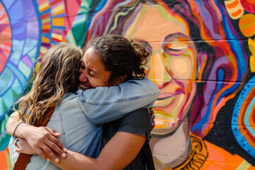 Pair of friends are hugging each other with wide smiles, surrounded by vivid urban graffiti, celebrating their close bond
