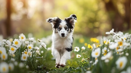 Puppy running across the field in flowers