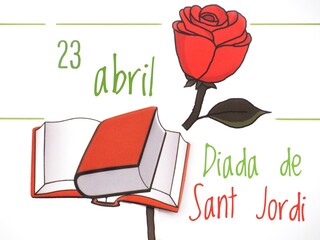 Diada de Sant Jordi calendar background. with text, books and a rose flower. The day of books and...