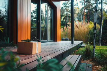 Home Delivery concept. Package sits on doorstep, ready for pickup. Parcel waiting on house porch