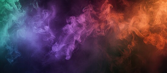 This photo shows a group of colorful smokes in motion, with shades of violet, green, and orange blending against a black background. The smokes create a vibrant and energetic visual display.