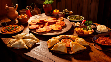 Empanadas and condiments richly arrayed on wooden surfaces under warm lighting. A culinary display that celebrates Latin cuisine with golden pockets of flavor, enhancing the dining ambiance.