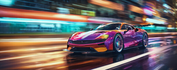Fototapeta premium Front side view of purple luxury sports car going at high speed on city street at night, surrounded by colorful light blue and orange neon light trails from the movement, copy space for text