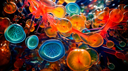 Vibrant cellular structures in a petri dish symbolize biological diversity and scientific discovery. A colorful snapshot of life at microscopic level, highlighting the richness of cellular activity.