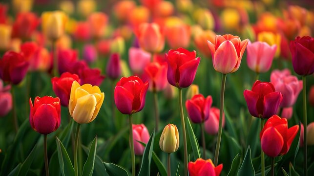 Colorful tulips grow and bloom in close proximity to one another