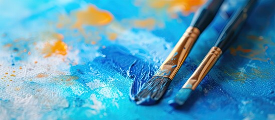 Two paint brushes are placed on top of a smooth blue surface. The bristles of the brushes are visible, and they appear unused.