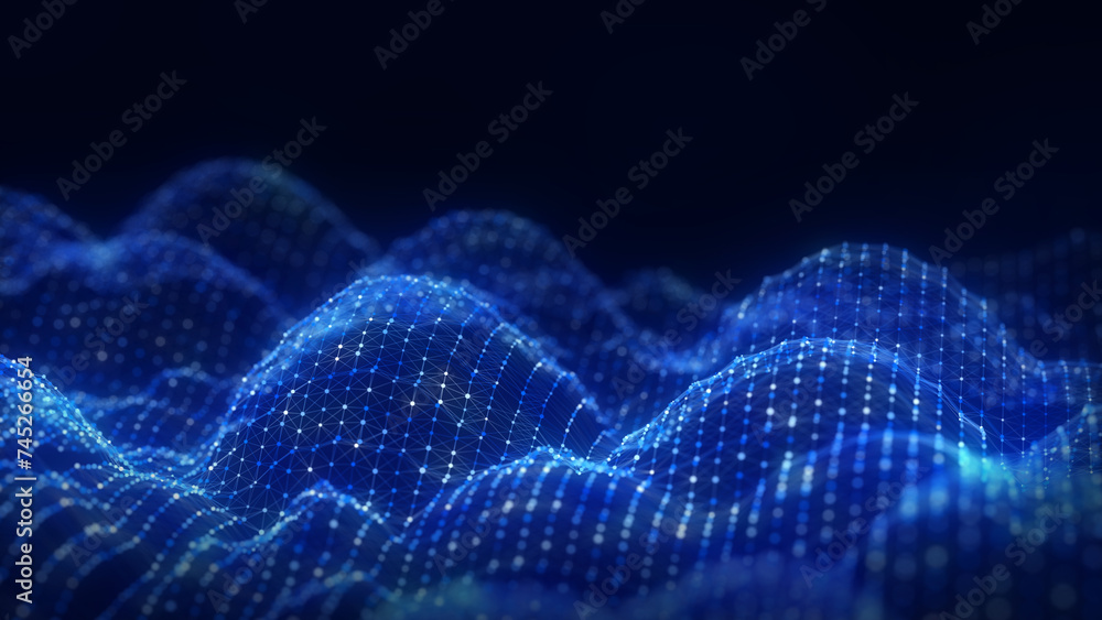 Poster abstract blue technology wave with dots and lines. flow of particles. big data transfer visualizatio