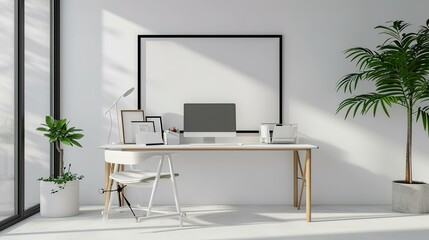 Minimalist Office Mockup Frame on Wall,Clean Workspace Mockup in Modern Office