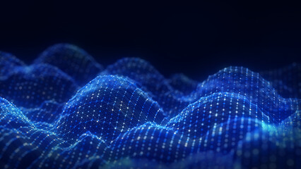 Abstract blue technology wave with dots and lines. Flow of particles. Big data transfer visualization. 3d rendering.