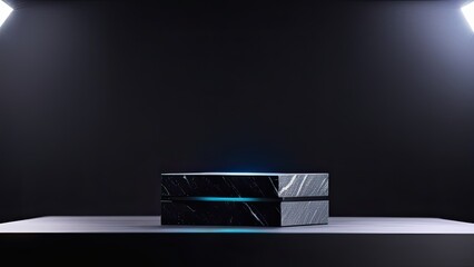 gray marble podium with glass LED lighting for men's cosmetics; studio light