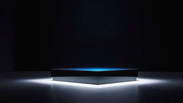 black podium with blue glass LED lighting for men's cosmetics; studio light