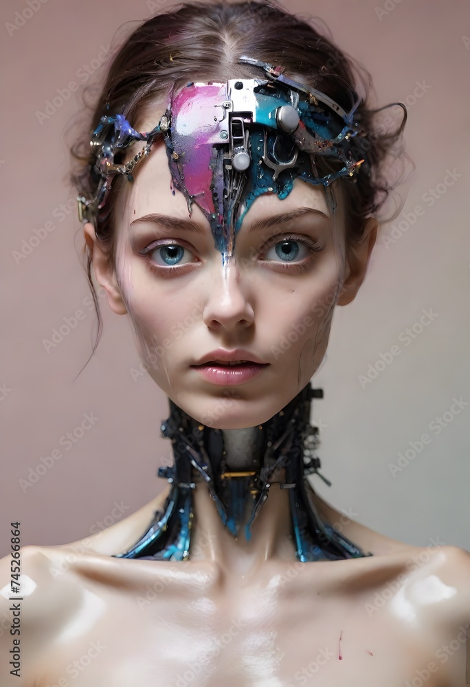 Poster an artistic android model with human-like features is accentuated with colorful paint drips, blendin