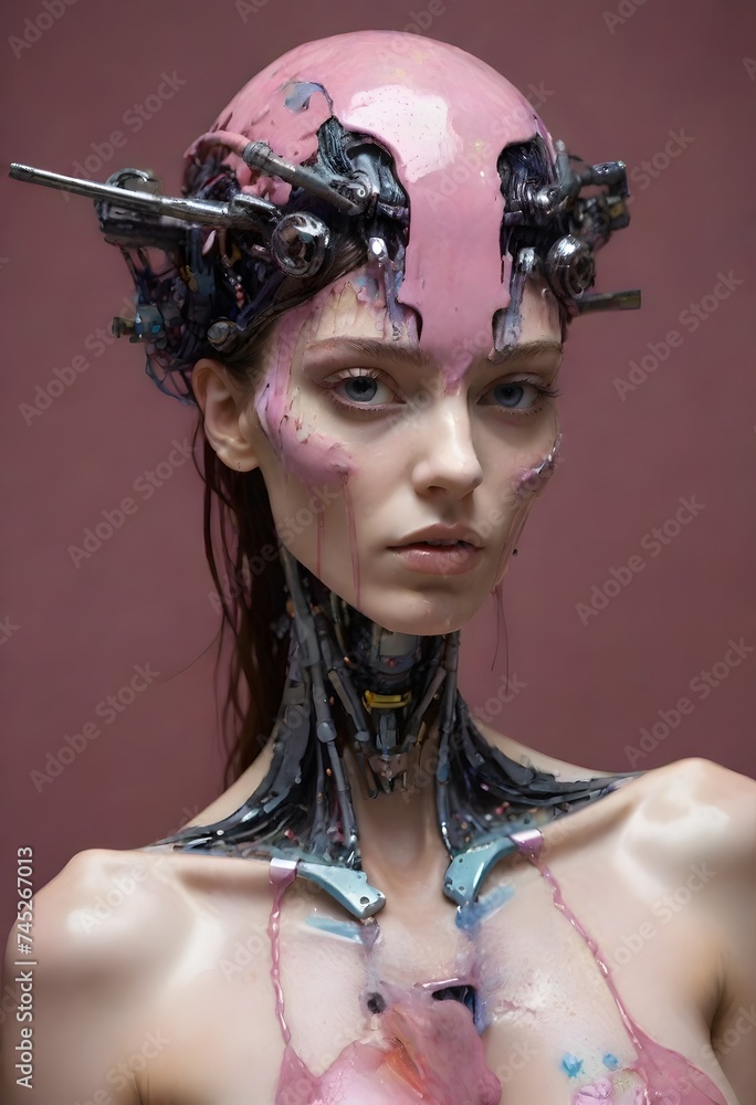 Poster a cybernetic entity with human-like features is adorned with dripping paint, merging the lines betwe