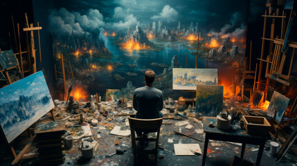 Amidst a cluttered studio, an artist reflects on apocalyptic cityscape paintings, pondering the juxtaposition of disaster and beauty, enveloped in creativity. - obrazy, fototapety, plakaty