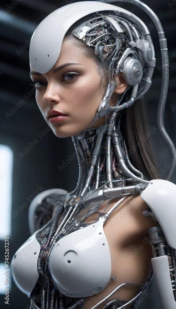 Poster a reflective android with a subdued expression and intricate mechanical details embodies the interse