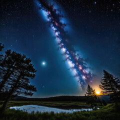 Naklejka premium Impressionnant Lever De Lune Sous L'arche De La Voie Lactée