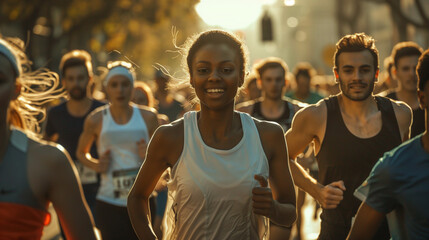 Diverse Group of People Competing in a Marathon Race in the City. Family and Friends in the Audience Cheering Enthusiastically and Supporting Their Loved Ones. - obrazy, fototapety, plakaty