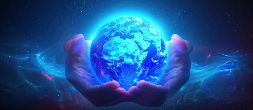 Hand holding earth globe in glowing 3D model style. generative AI image