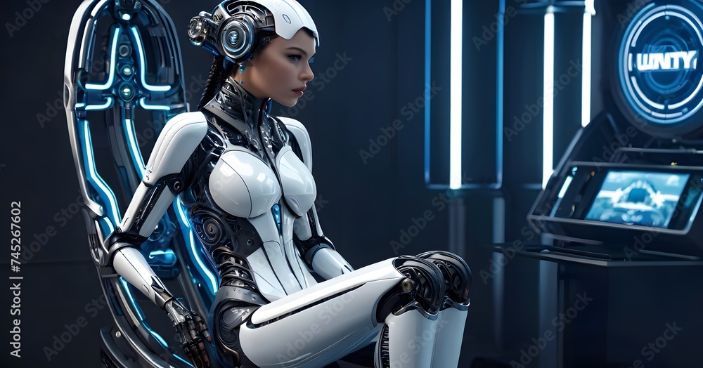 Poster a sophisticated android sits in repose, her contemplative gaze and sleek design epitomizing the blen