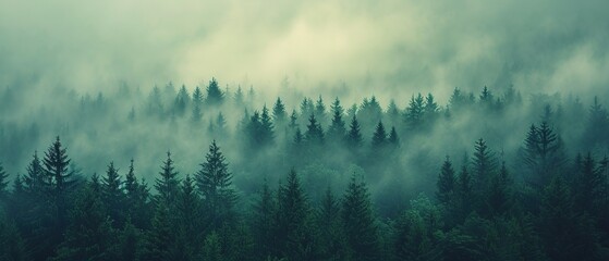a forest filled with lots of green trees covered in a blanket of fog and smoggy skies with mountains in the distance