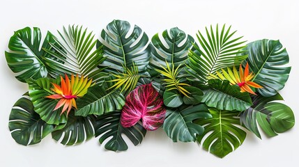 creative layout made of colorful tropical leaves on white background, minimal summer exotic concept with copy space
