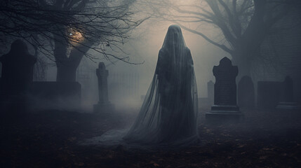 A ghostly apparition blending with a foggy graveyard - obrazy, fototapety, plakaty
