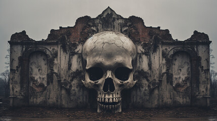 A haunting image of a decrepit building fused with a skull - obrazy, fototapety, plakaty