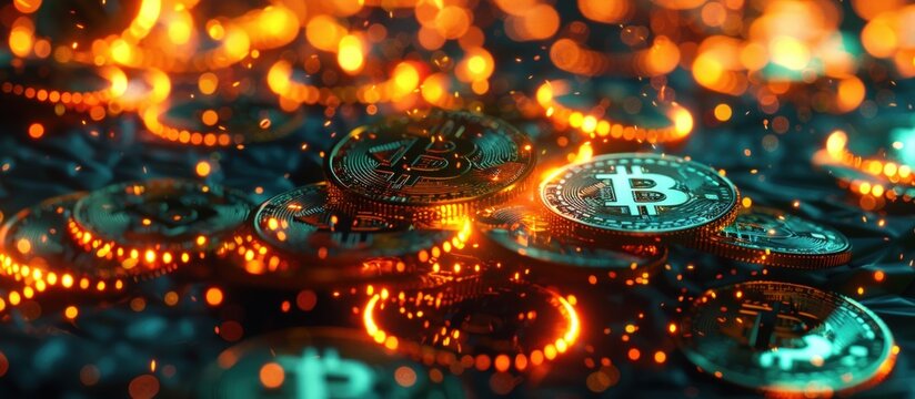 Gold Bitcoin glowing on black background. generative AI image