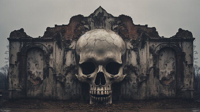 A haunting image of a decrepit building fused with a skull