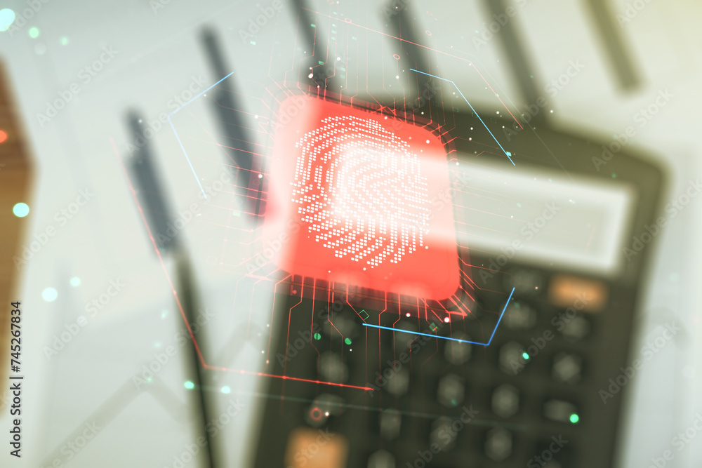 Poster double exposure of virtual creative fingerprint hologram on blurry calculator background, research a