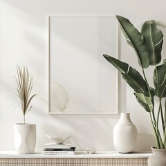 a potted plant next to a picture frame on a shelf with sunglasses on it and a pair of sunglasses on the table next to it, on a white wall with a white background
