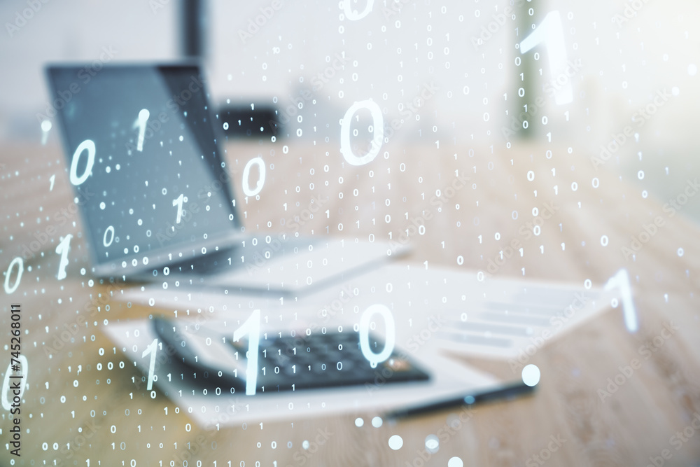 Fototapete double exposure of abstract virtual binary code hologram on blurry calculator with laptop background