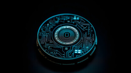 a digital digital coin with an image of a blue coin - obrazy, fototapety, plakaty